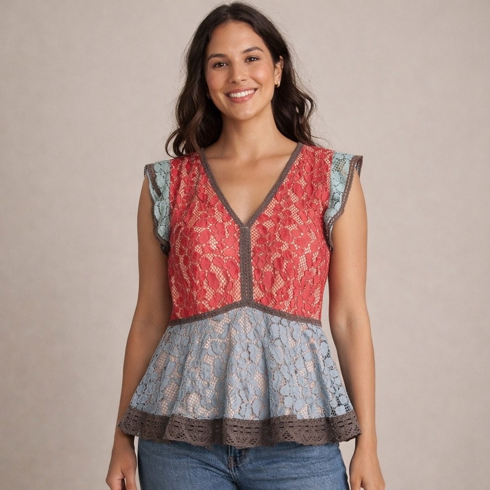 Sundance Womens Floral Lace Peplum Top V-Neck Flutter Sleeve Colorblock Small